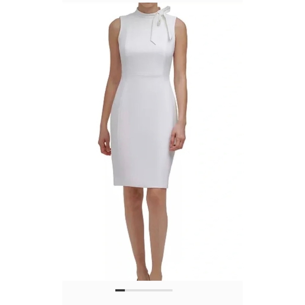 Calvin Klein Cream White Bow Neck Sleeveless Sheath Dress 12P NWT